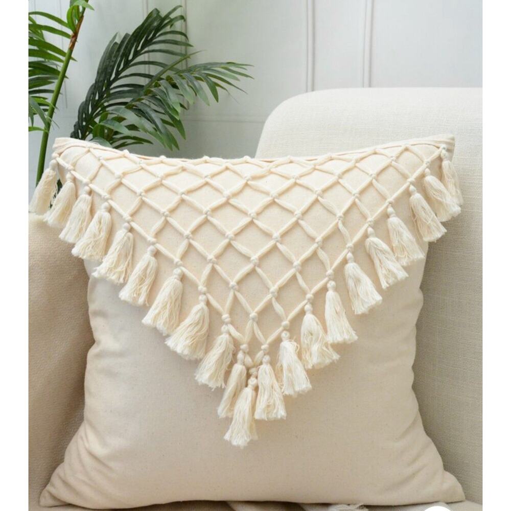 1pc Crochet Tassel‎ Cushion Cover Cream Colored Without Filler